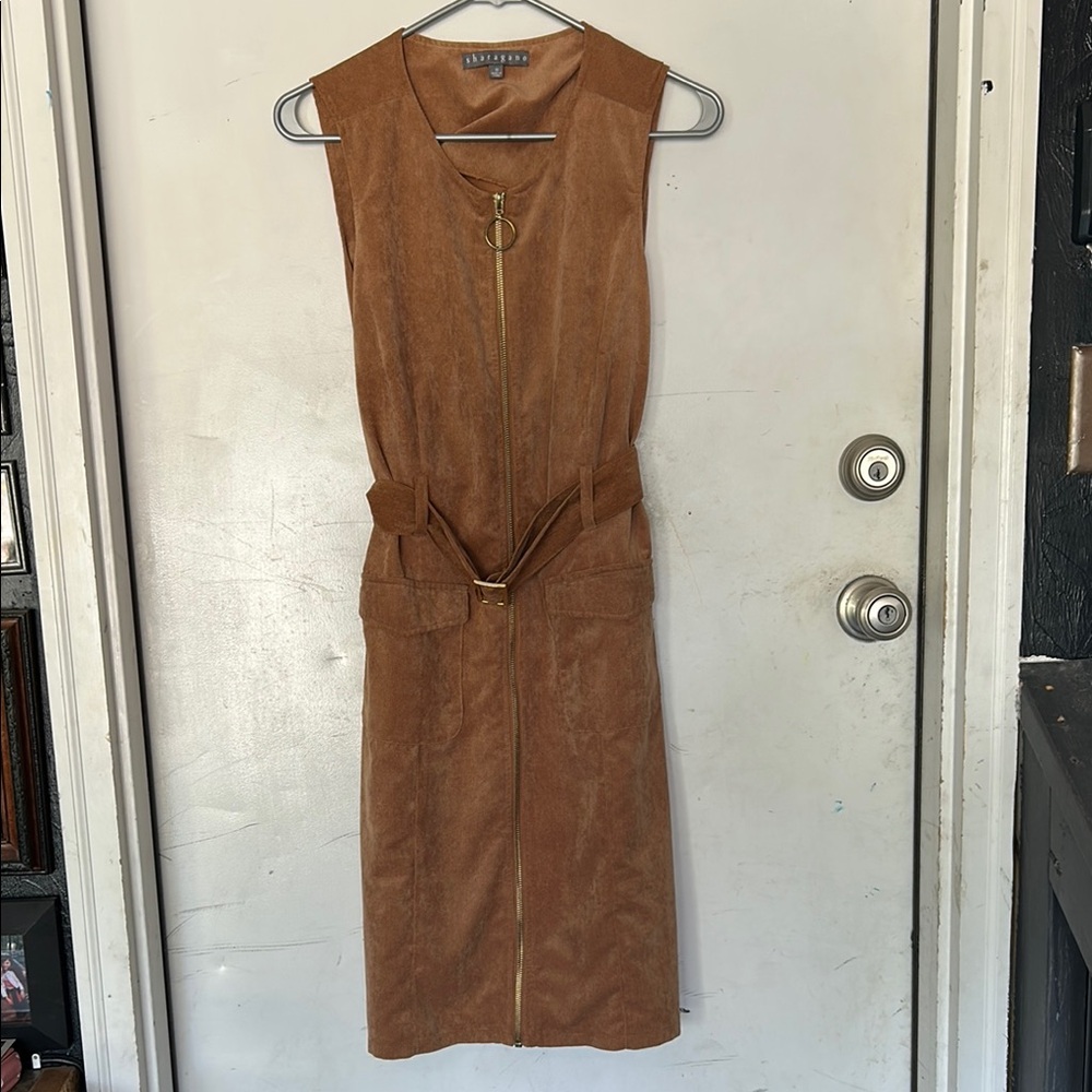 Sharagano Brown Sheath Midi Dress Halter Neckline